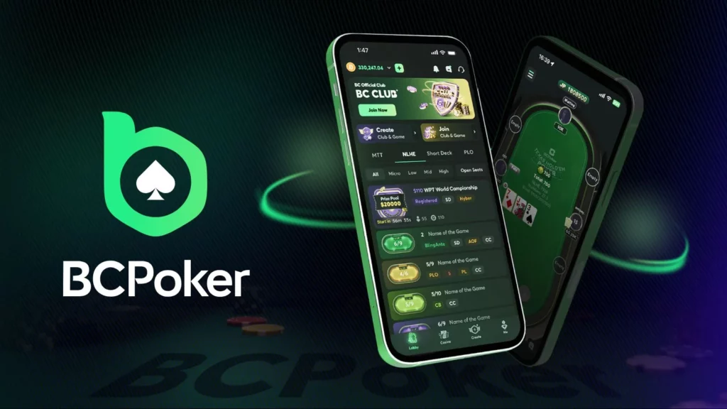 The main screen of the BC poker app on a smartphone